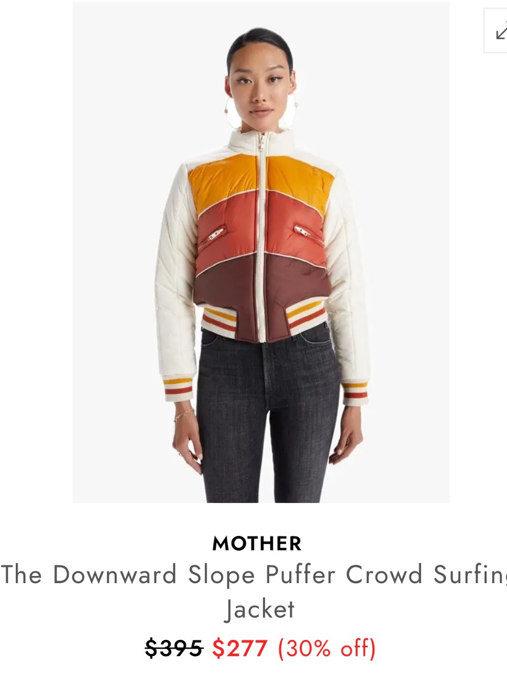 MOTHER Colorblock Cropped Puffer Jacket in Cream, Orange & Brown